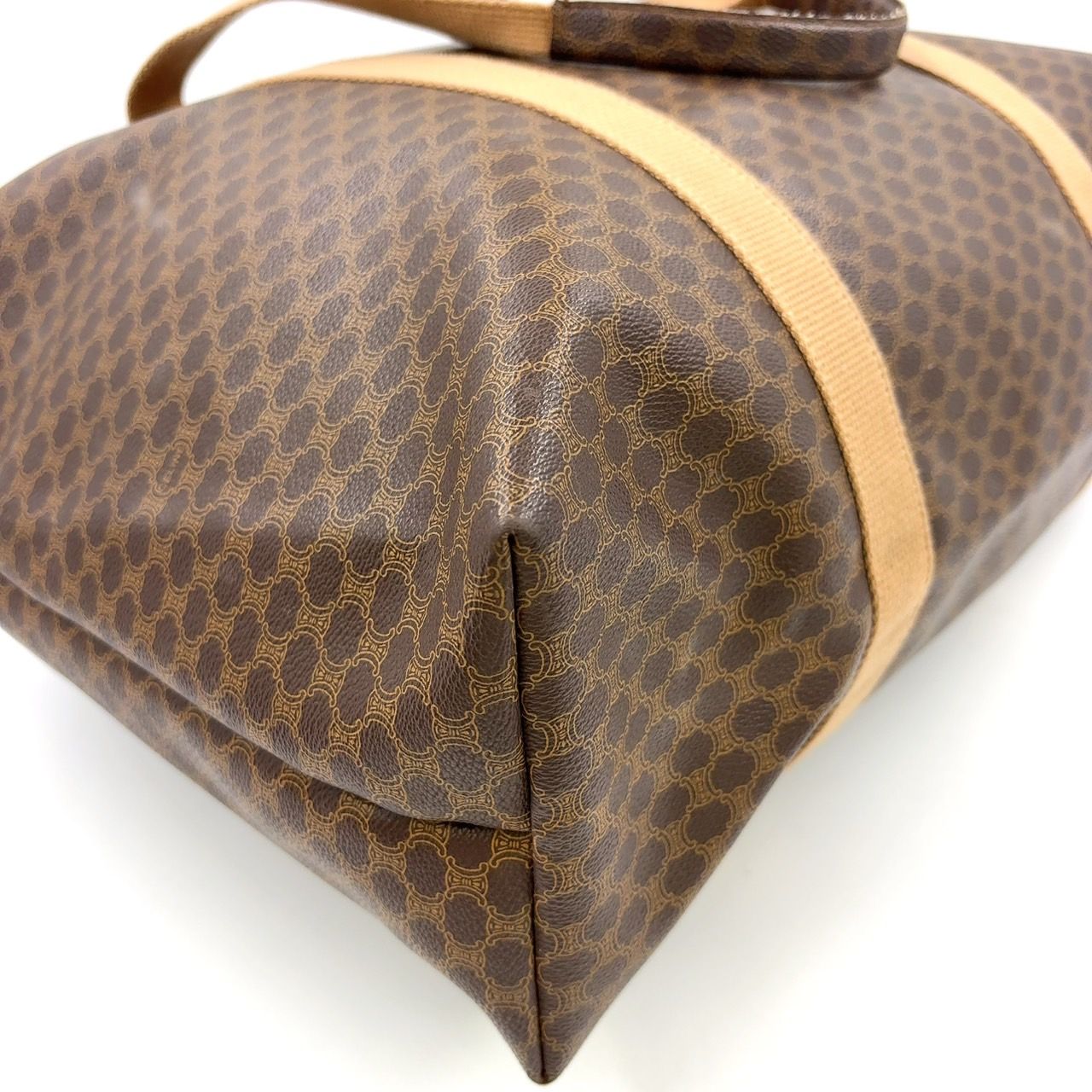 【CELINE】ボストンバッグ　マカダム柄　ゴールド金具　PVC ブラウン CELINE マカダム柄 レザー×PVC ブラウン ボストンバッグ