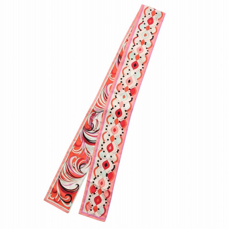 エミリオプッチ EMILIO PUCCI スキニースカーフ ストール 絹 シルク ロゴ 総柄 赤 レッド ピンク |XZ GY17