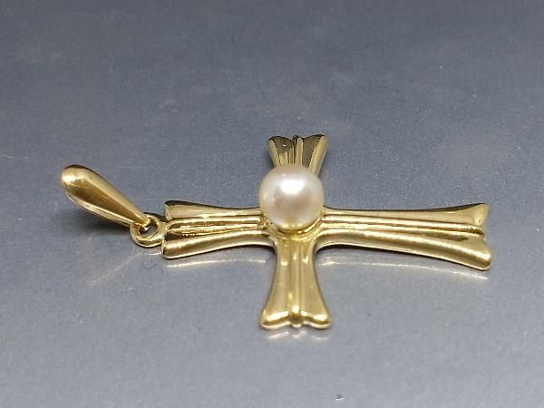 K18 1Pパール クロスデザイン ペンダントトップ 1.3g 十字架 18K YG 18金イエローゴールド