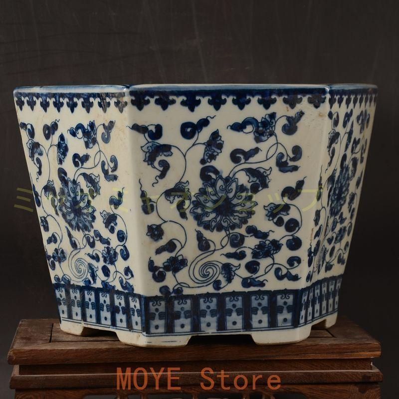 景徳鎮 青花纏枝紋六方植木鉢 陶磁器 盆栽鉢 工芸品 置物 景徳鎮 青花纏枝紋六方植木鉢 陶磁器 盆栽鉢 工芸品 置物 青花
