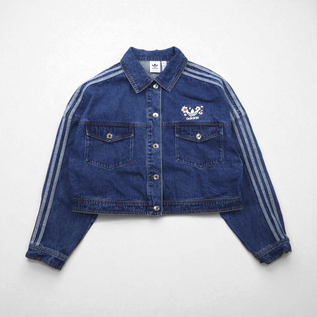 adidas originals クロップド 短丈 デニムジャケット Gジャン XL インディゴ 刺繍 ワイド IP3767 トレフォイル 3ストライプス フローラル