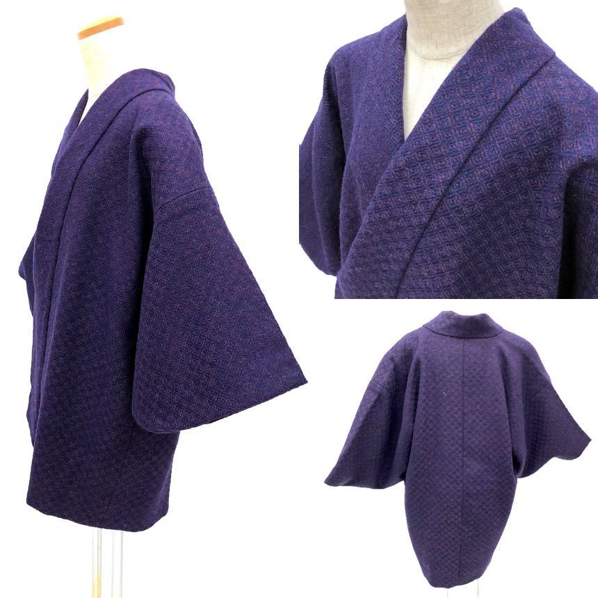 京やM444 着物コート 和装冬コート ウールコート 袷仕立て ラグラン袖 船底袖 着物衿仕立て 紫 パープル フォーマル カジュアル兼用 仕立て上がり 道行 道中着 羽織 リサイクル着物 WWW_JUNGLEEDGE_COM