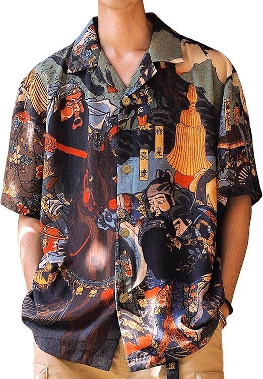 【在庫処分】[CHANGE WELL] メンズ ファッション 2023SS 夏服 半袖シャツ 浮世絵《関羽五関破図》総柄プリント 通気性 テンセル素材 アロハシャツ