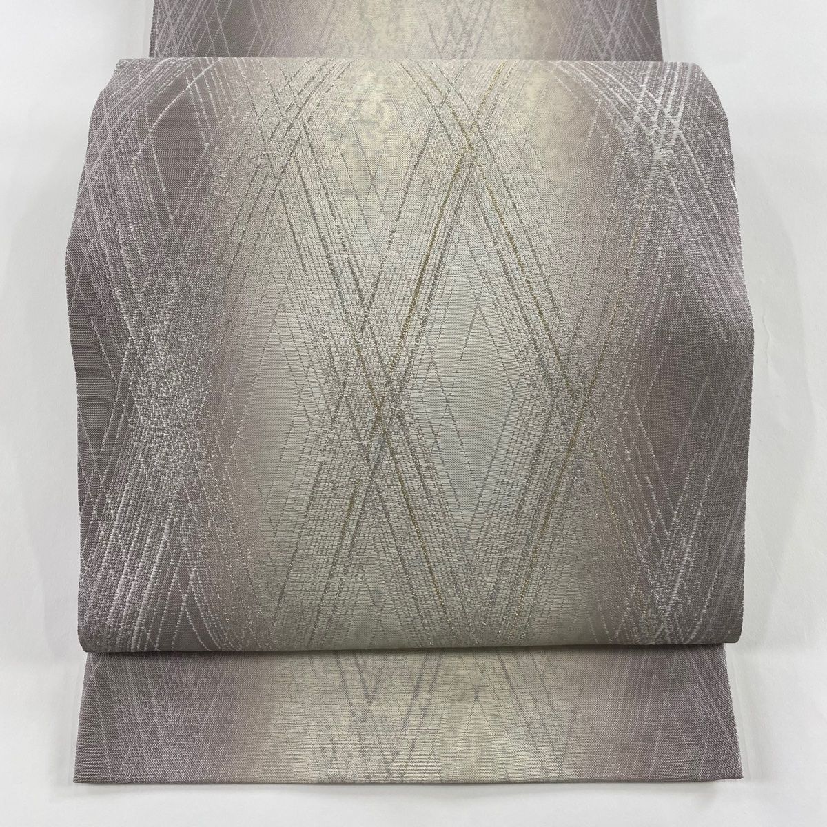 袋帯 加納幸 落款 菱 斜め格子 金銀糸 ぼかし 灰紫 六通 正絹