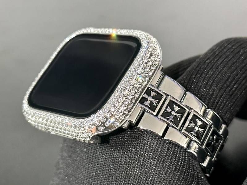 シルバー Apple Watchメタルバンド glassパヴェカバー アップルウォッチ ステンレスベルト クロスデザイン リンクブレスレット 画面保護ケース キラキラ メッキ 41mm42mm44mm45mm46mm49mm ultra ウルトラ