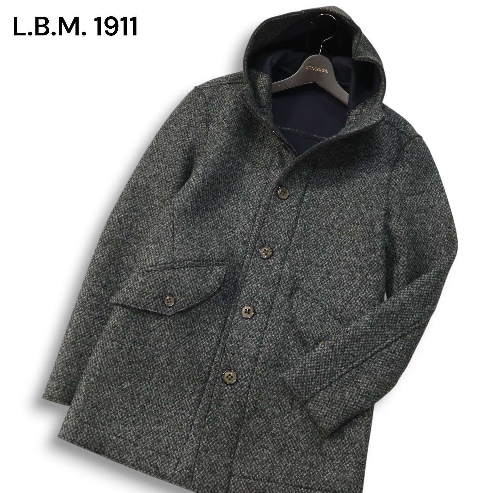 極美品 ルビアム ウール ツイード ステンカラーコート 黒 茶 50 XL 美品】L.B.M. 1911 ルビアム エルビーエム1911 秋冬☆ ウール混