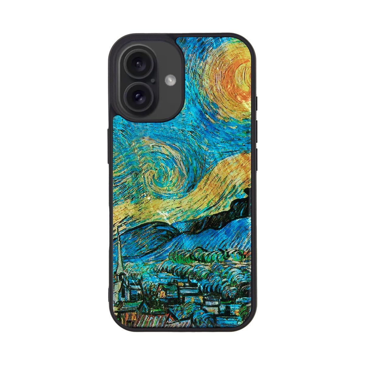 【数量限定】16 iPhone ケース 天然貝 ゴッホ [ パール 光沢 表面コーティング加工 着脱しやすい ストラップホール付き ikins ワイヤレス充電 ] ゴッホ 名画シリーズ アイフォン 保護カバー 星月
