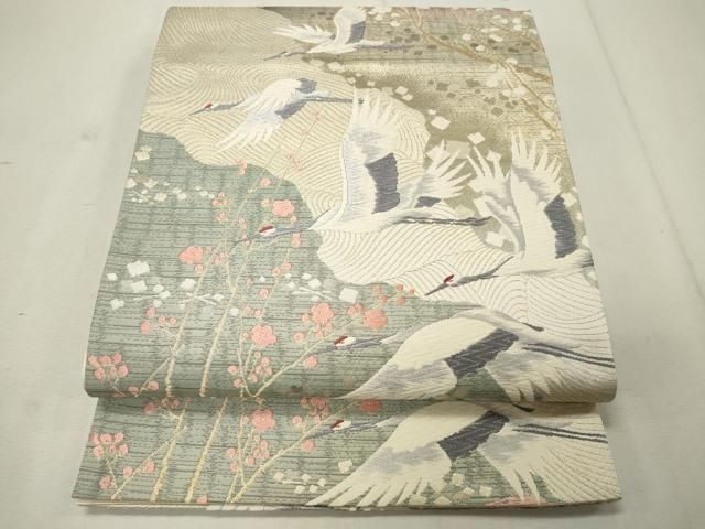 ★着物10★ 1円 絹 袋帯 荒波 六通柄 長さ428cm [同梱可] ☆☆☆ ☆着物10☆ 1円 絹 袋帯 飛鶴 荒波 鳥 六通柄 長