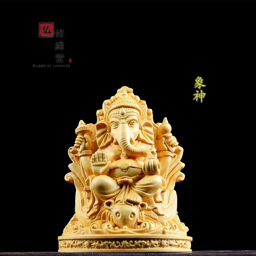 修縁堂】極上品 木彫り 神像 象神座像 彫刻 仏教工芸品 柘植材 仏師で 