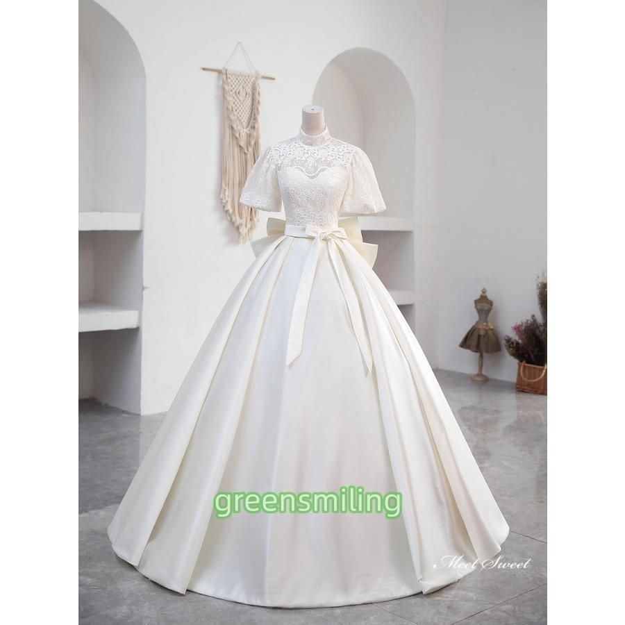 ウェディングドレス 2way レースボレロ 半袖 プリンセスドレス サテン リボン ウエディングドレス ロングドレス 二次会 結婚式 前撮り ブラWP数量 価格926
