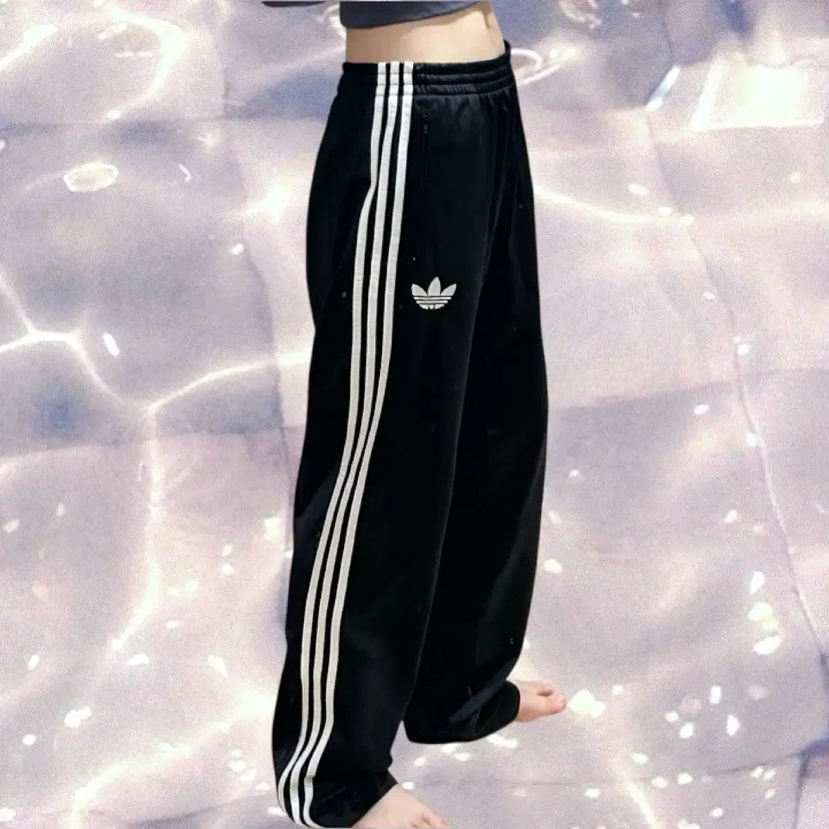 90s adidas アディダス ファイヤーバード 黒 白 3本線 ワイド トラック パンツ 105