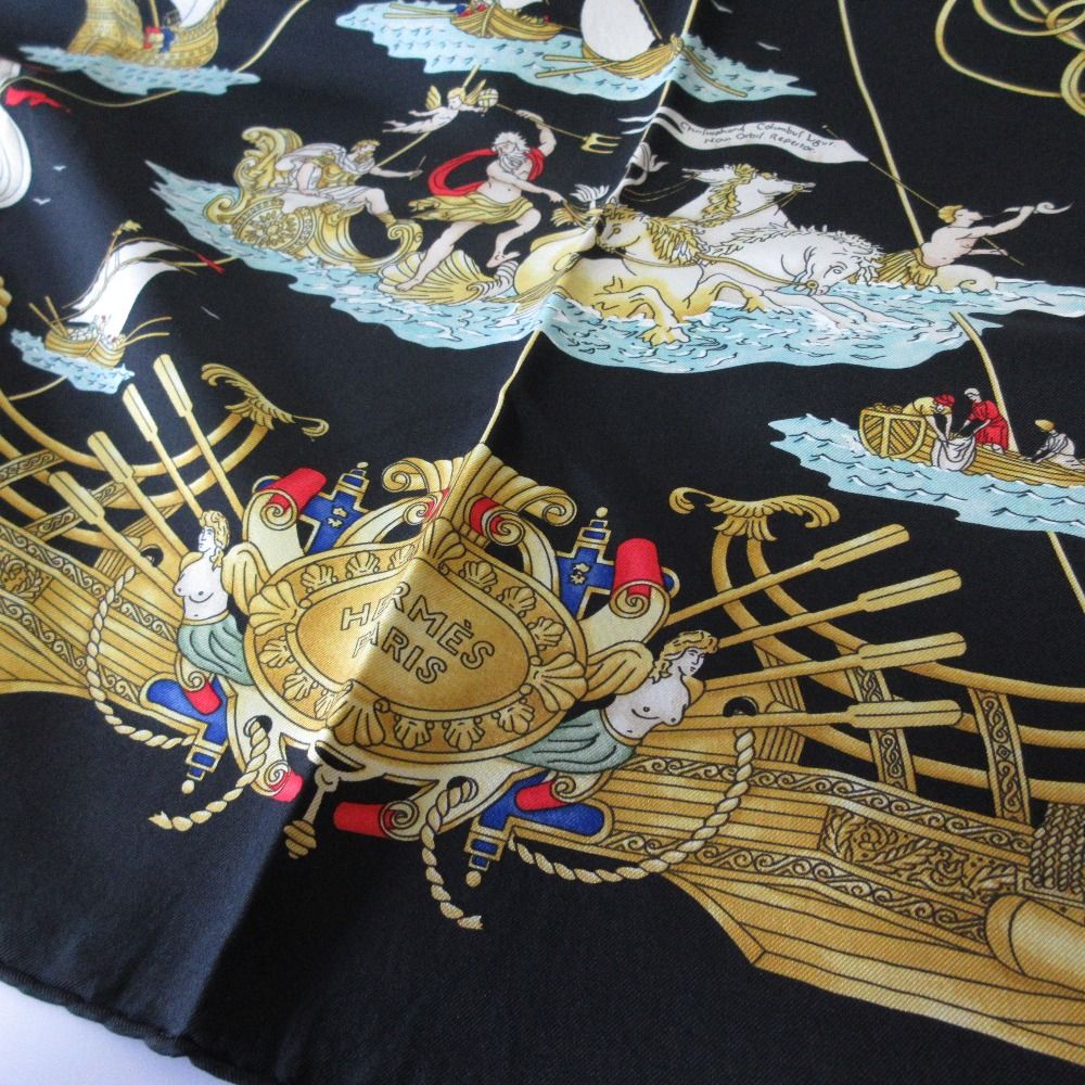 【美品】エルメス カレ90 懐中時計 チェーン 振り子 大判スカーフ エルメス カレ90大判スカーフ シルク100% 懐中時計 チェーン