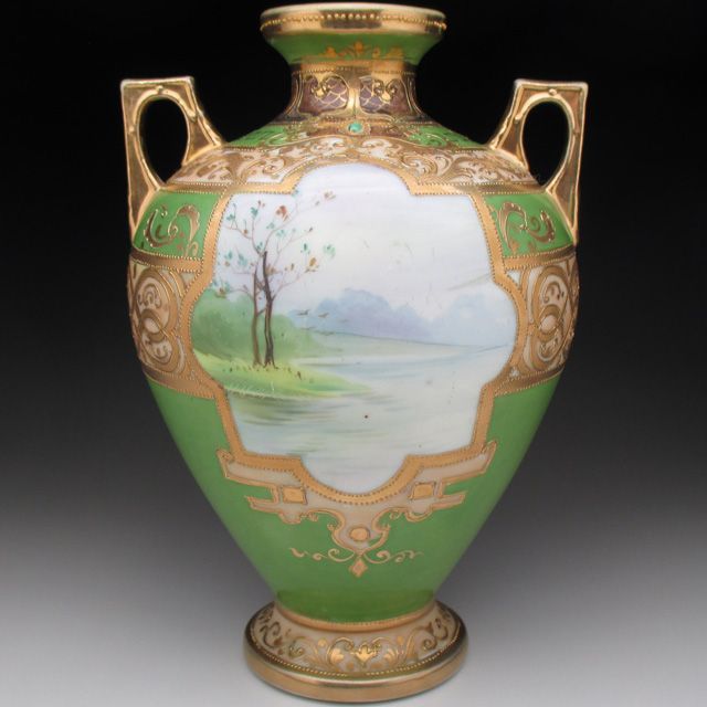 オールドノリタケ グリーン地金盛りジュール湖畔風景絵 花瓶 20cm 