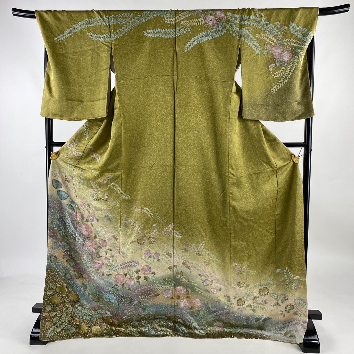 訪問着 身丈173cm 裄丈69cm L 袷 辻が花 金彩 ぼかし 鶯色 正絹 名品
