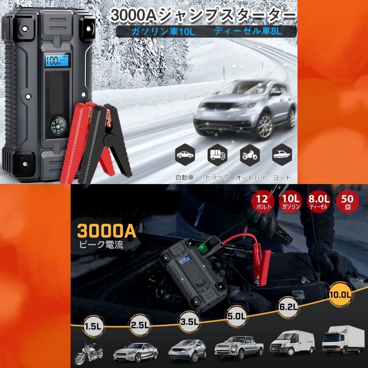 ❤3000Aもの超強力ジャンプスターター登場❣☆バッテリ上がりを一発 