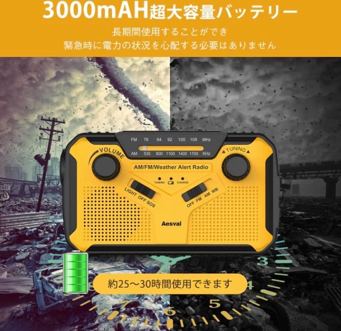 防災ラジオ3000mAH 充電式懐中電灯 AM/FM携帯ラジオSOSアラート付き - メルカリ