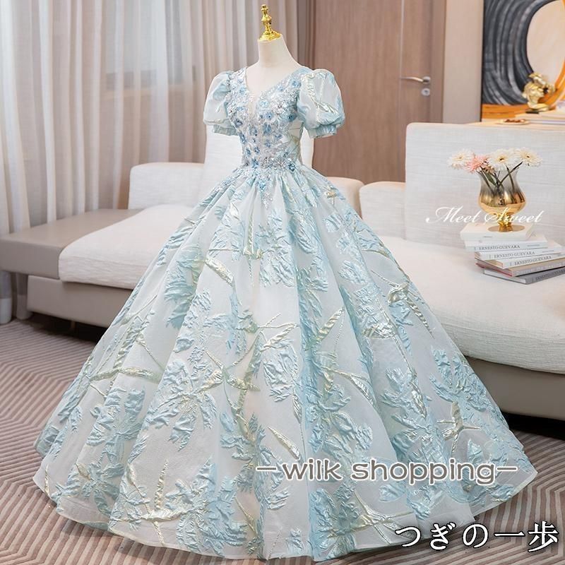 ドレス プリンセスライン 青 ブルー パフスリーブ 半袖 上品 ロングドレス ウェディングドレス 結婚式 二次会 花嫁 前撮り 演奏会 発表会 ステージ衣装