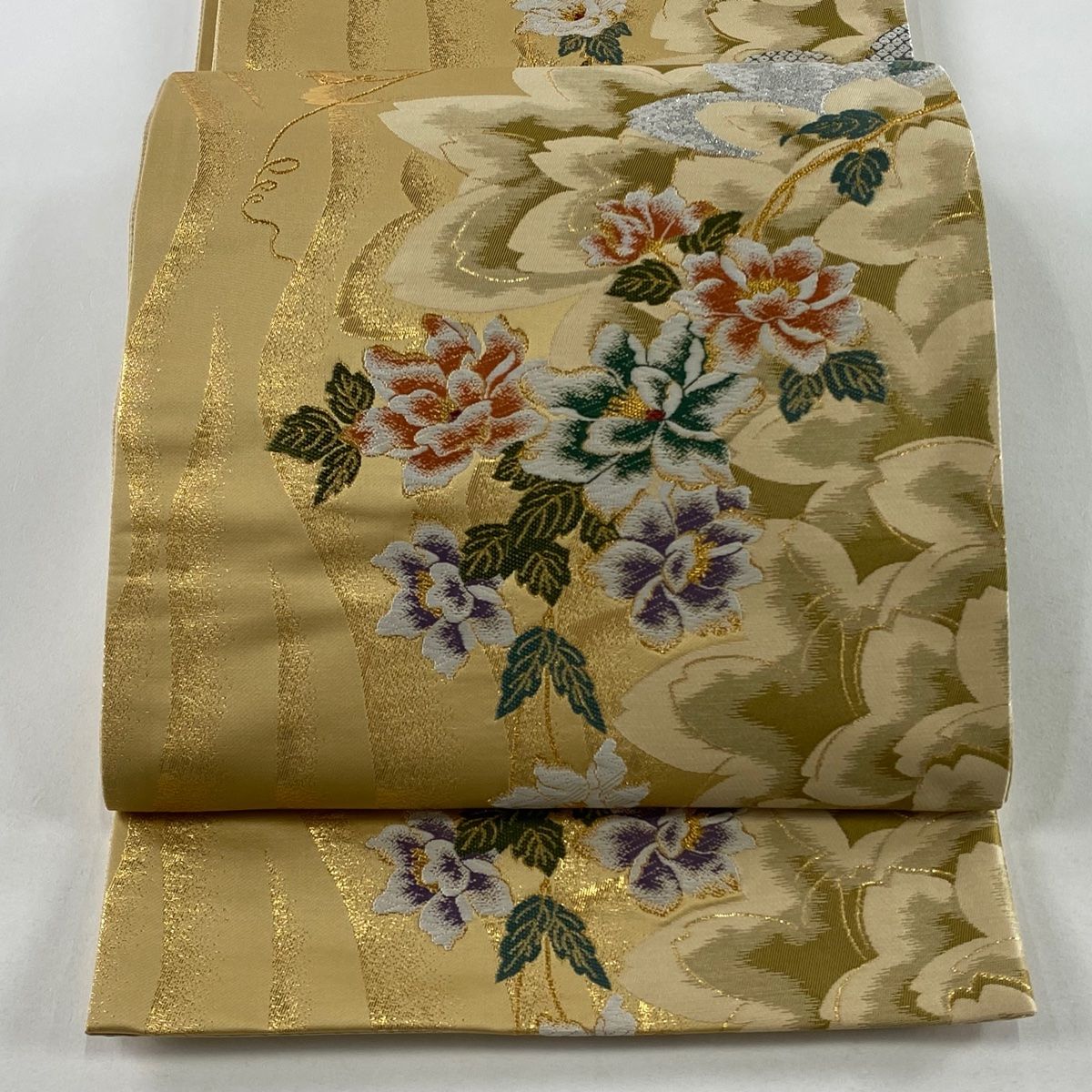 袋帯 秀品 草花 箔 金糸 ベージュ 六通 正絹