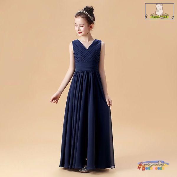 【上品で大人気♪】ピアノ発表会 ドレス 中学生 ワンピース ジュニアドレス 子供ドレス シンプル ネイビー ロング丈 グリーン シフォン お姫様 着やせ 上品 エ 毎日使い