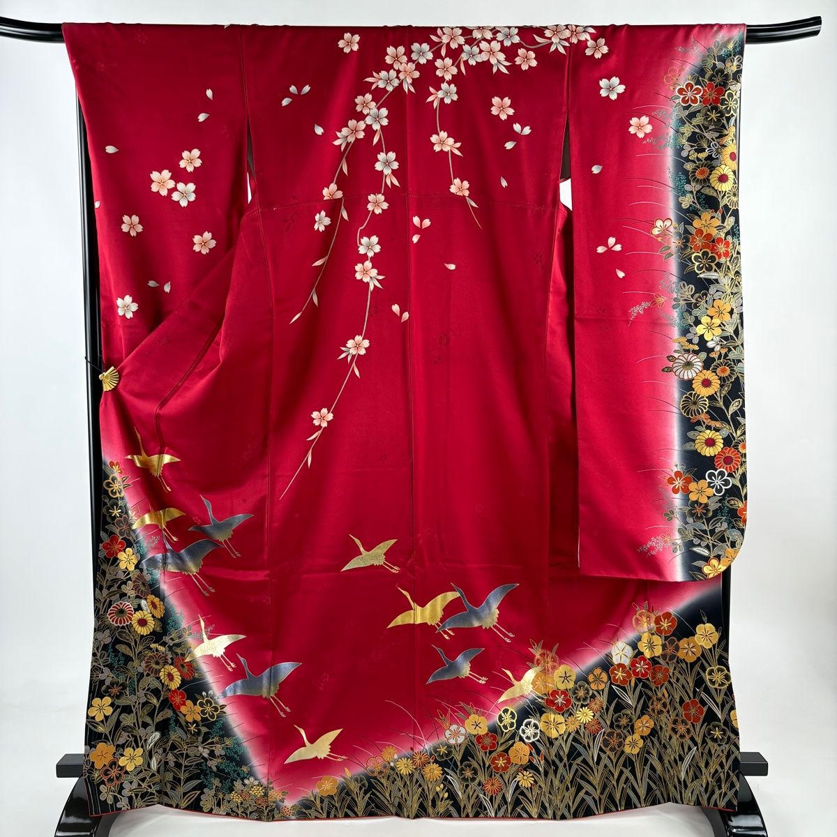 振袖 身丈169cm 裄丈69.5cm L 袷 鶴 草花 金銀彩 ぼかし 赤 正絹 秀品