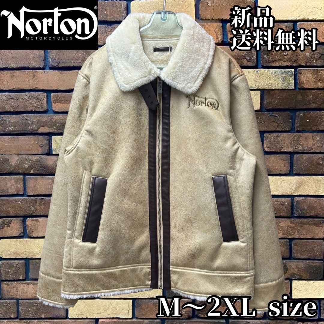 【Norton フェイクムートンジャケット】ノートン 日本限定 刺繍 バイク バイカー ツーリング メンズ レディース ユニセックス スタンド衿 ヴィンテージ風 ベージュ ブルゾン アウター 243N1703 