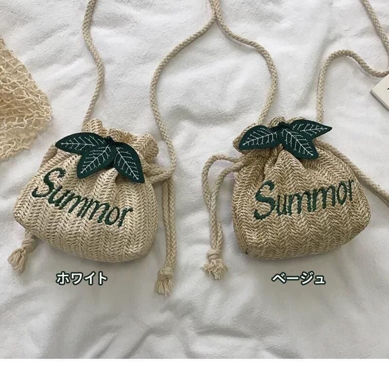 ショルダーバッグ 葉っぱ モチーフ 巾着 かごバッグ ポーチ summer 刺繍 リゾート 夏バッグ ざっくり 素朴 おしゃれ かわいい 肩掛け 斜め掛け 手提げ キッズ 子