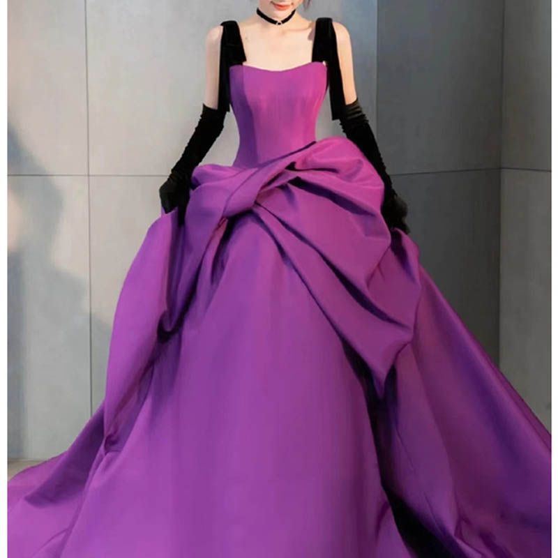 ドレス Aラインドレス ロングドレス パープル サテン ドレープ 袖なし 肩ひも 紫 ウェディングドレス 結婚式 二次会 花嫁 前撮り 演奏会 発表会 ステージ衣装 1269