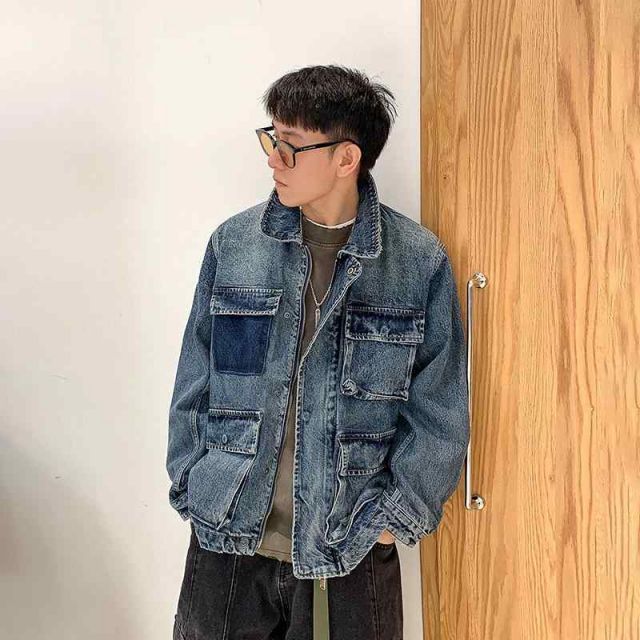 秋冬 コーデ メンズ 服 シンプル ファッション オシャレ 大人 かっこいい 大きいサイズ ストリート 紳士服 アメリカン ワークウェア マルチ ポケット デニムジャケット ストリート ブルー ウォッシュ加工 ジャケット
