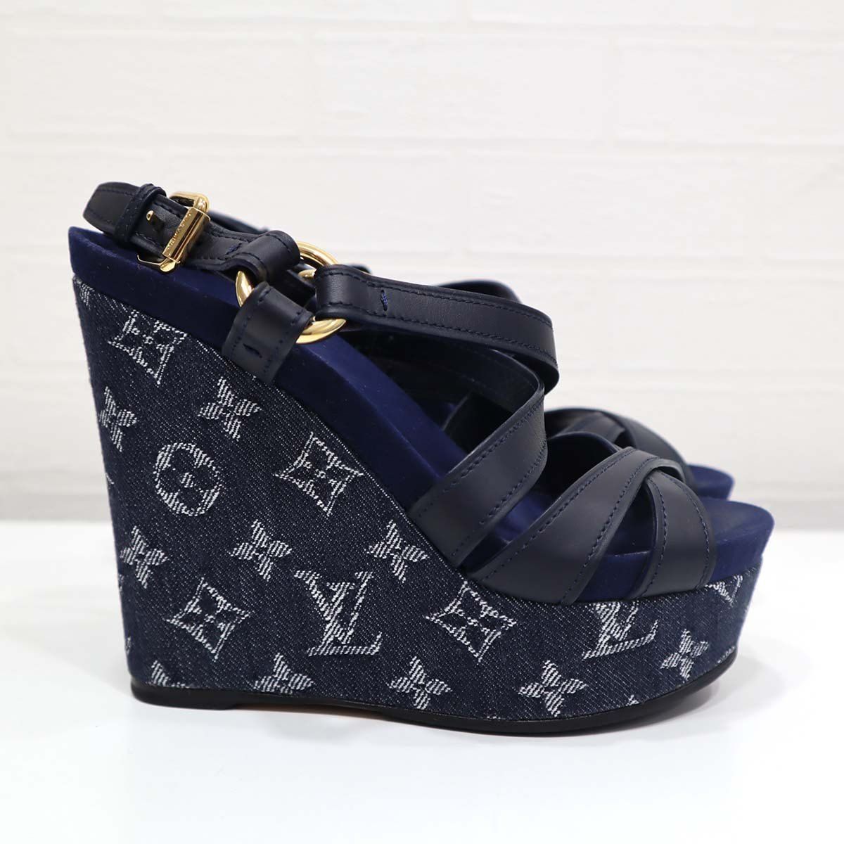 LV 靴 サンダル ウェッジソール ブルー デニム レザー 35 サイズ