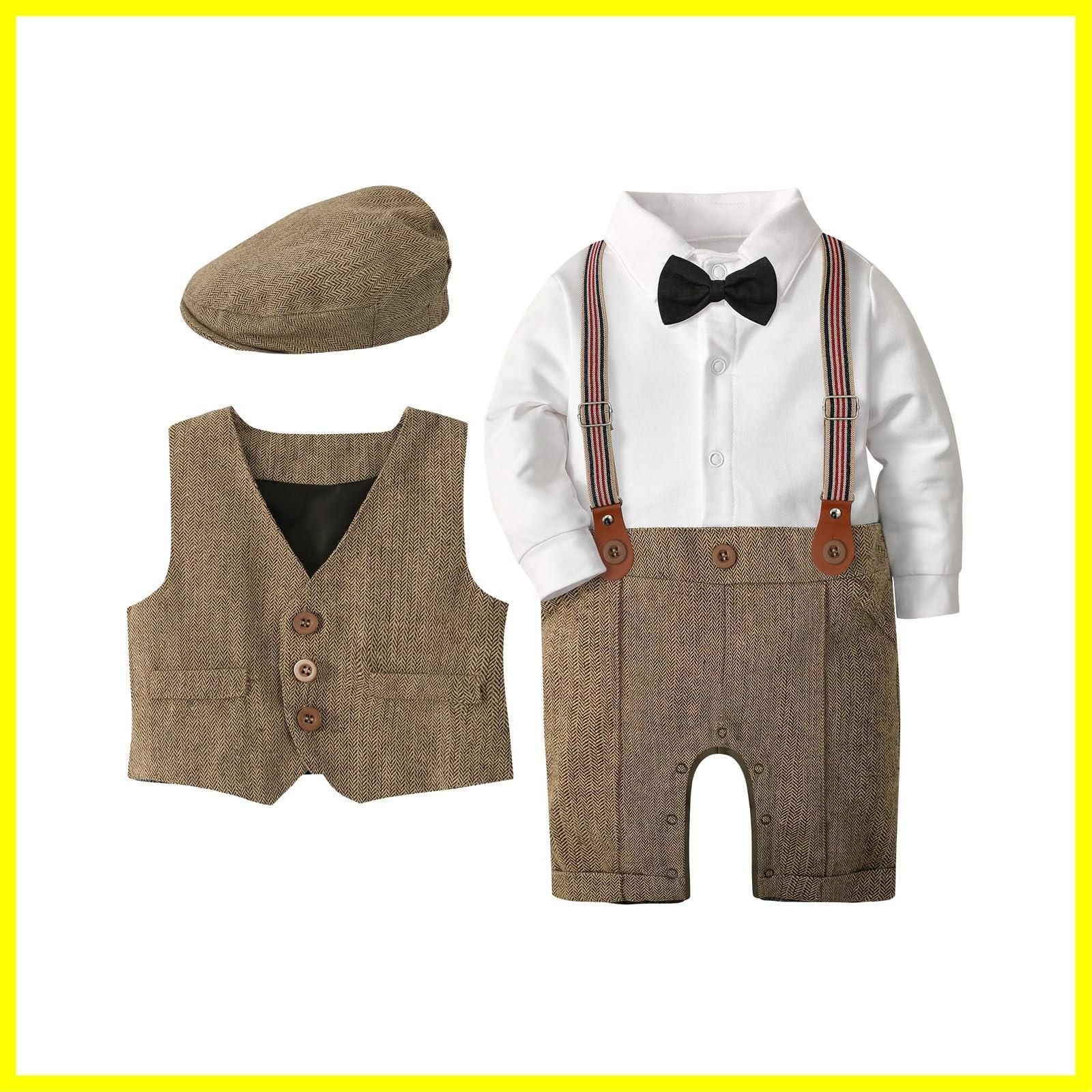 TickElf 男の子 フォーマル 5点セット 帽子付き 紳士風 ロンパース 60-90 子供服 キッズ服 スーツセット 洋装ベビー服 入園式 お食い初め 誕生日 蝶ネクタイ ベスト サスペンダー