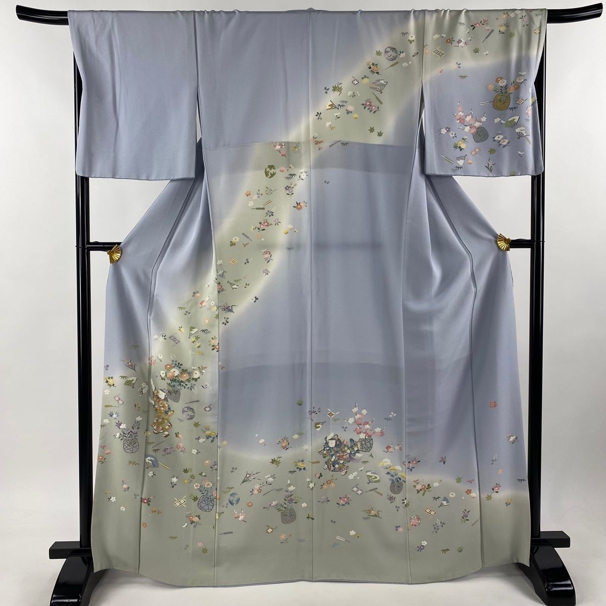 訪問着 身丈169cm 裄丈68cm L 袷 落款 草花 童 ぼかし 水色 正絹 名品