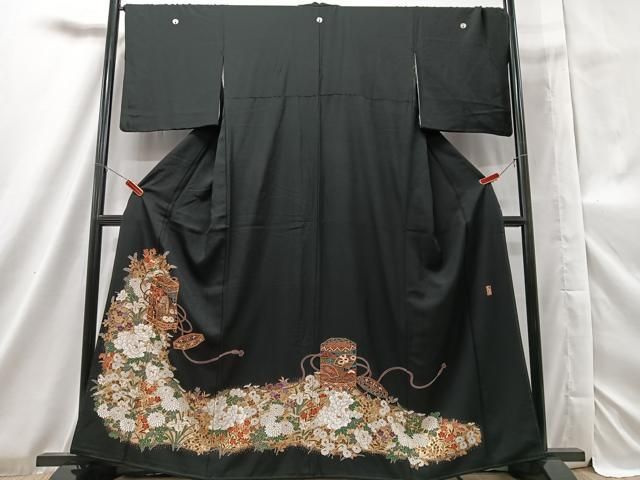 平和屋着物□豪華黒留袖 作家物 駒刺繍 御所車花文 金銀彩 正絹