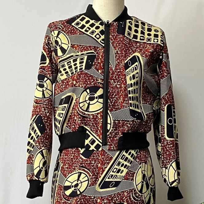 アフリカ布　ケータイ柄　ショート　ブルゾン