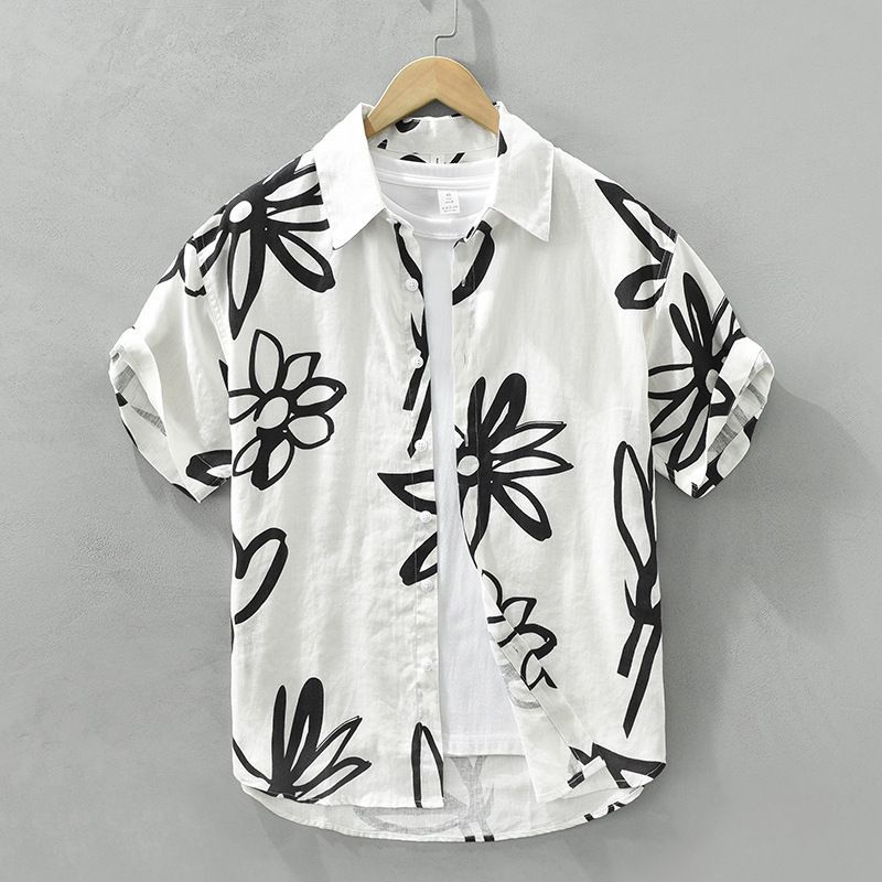 半袖シャツ  メンズ Tシャツ 新品 花柄　夏 サマー 半袖シャツ リネンシャツ　亜麻　麻シャツ　アロハシャツ