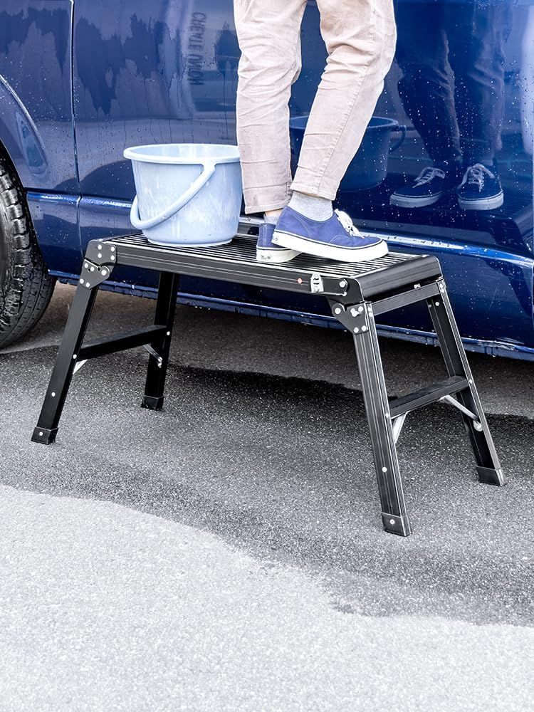 イーサプライ アルミ足場台 洗車台 2段 高さ50cm 耐荷重150kg 天板76cm×30cm 軽量3.6kg 折りたたみ 幅広ステップ 踏み台 脚立 ブラック EEX-KYA20BK