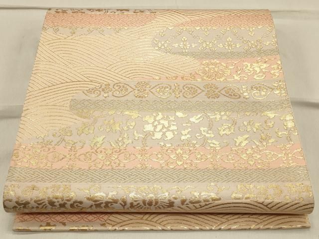 平和屋着物◎六通柄袋帯 横段流水花文 金糸 正絹 逸品