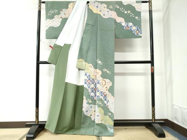 ［4434］訪問着 草花吉祥 たたき染 金彩 正絹 着物 袷 平和屋着物○訪問着 道長吉祥花唐草文 たたき染め 金彩 正絹