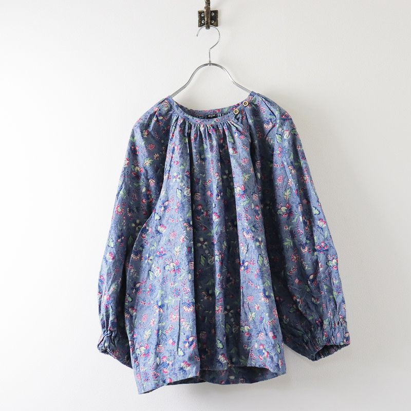 45R ダンガリー春花プリントのプカパフブラウス 45R ダンガリー春花プリントのプカパフブラウス