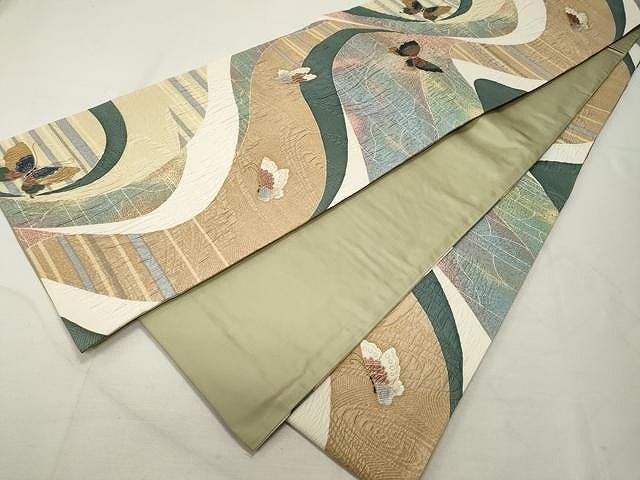 平和屋着物○博多織 鵬翔 全通柄袋帯 ふくれ織 舞蝶文 金銀糸 正絹  