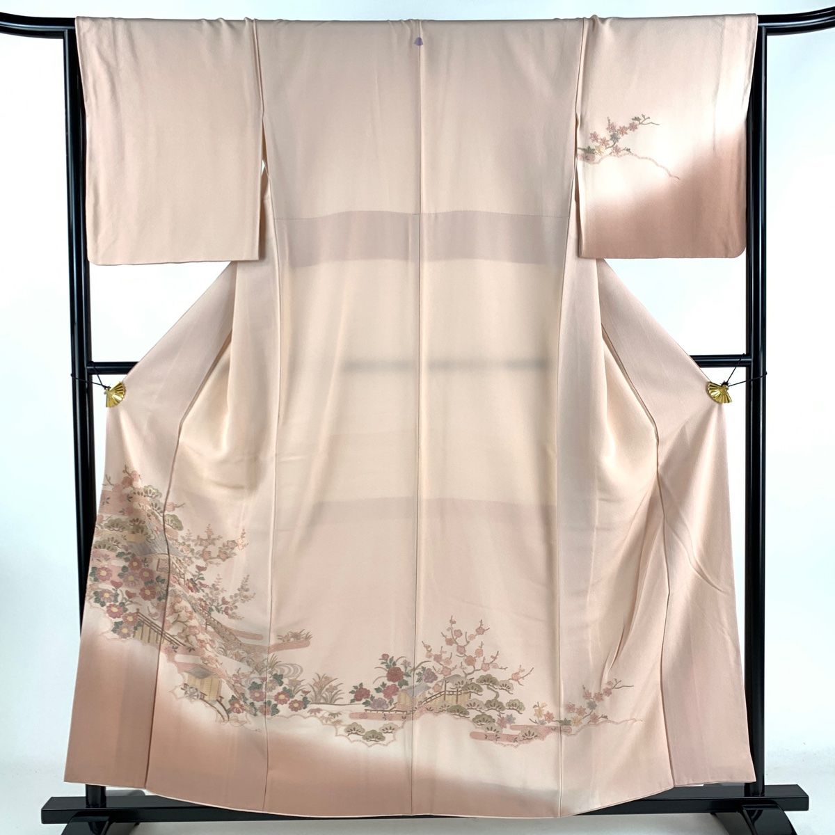 訪問着 身丈158cm 裄丈65.5cm M 袷 松竹梅 御所車 刺繍 サーモン
