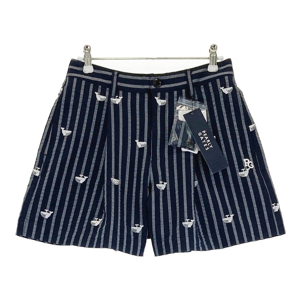 サイズ 0 PEARLY GATES パーリーゲイツ 055-1234708 ショートパンツ シアサッカー クジラ刺繍×ストライプ柄 ネイビー系 240101475260 ゴルフウェア レディース ストスト