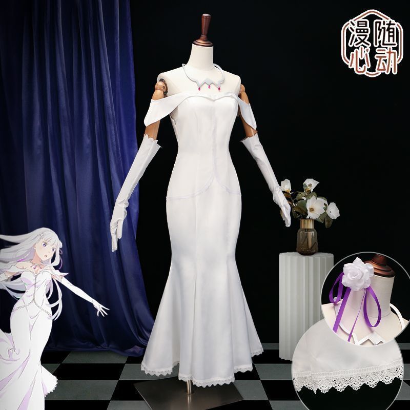 Re ゼロから始める異世界生活 エミリア コスプレ衣装 白ドレス 生地 豪華フルセット 手袋付き アクセサリー完備 撮影会 舞台演出 ハロウィン 推し活 パーティー 仮装 プレゼント イベント用 レディースコスチューム cosplay衣装