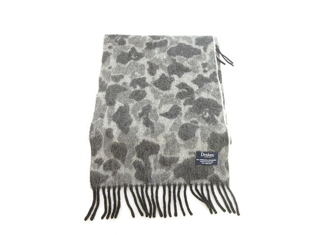 DRAKE'S ウール マフラー グレー ネイビー ストライプ DRAKES
