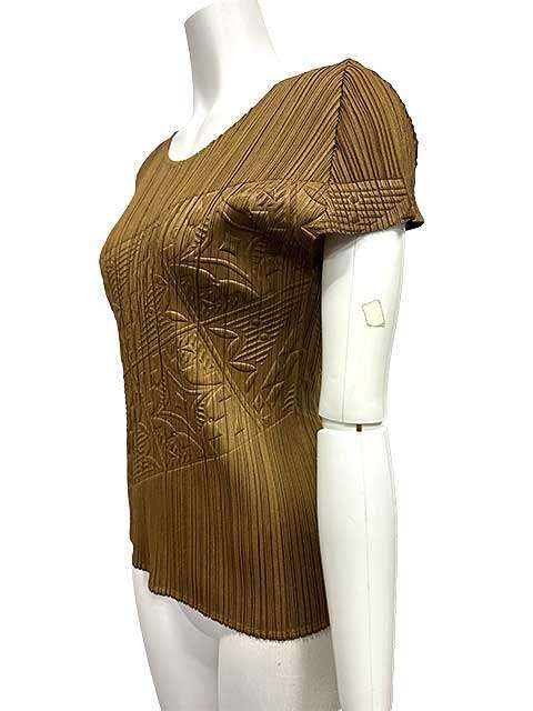 Pleats Please Issey Miyake プリーツ プリーズ イッセイ ミヤケ 半袖トップス ブラウン 柄物 Lサイズ 11号＿S 08＿＿セルモアから ＿s-0414-r 08