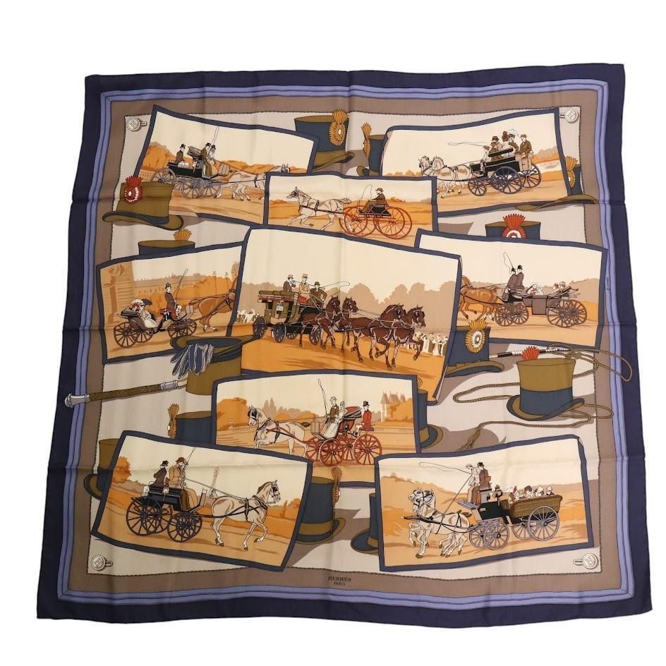 HERMES エルメス 大判スカーフ シルク100％ Hカレ 90 馬車とハット  