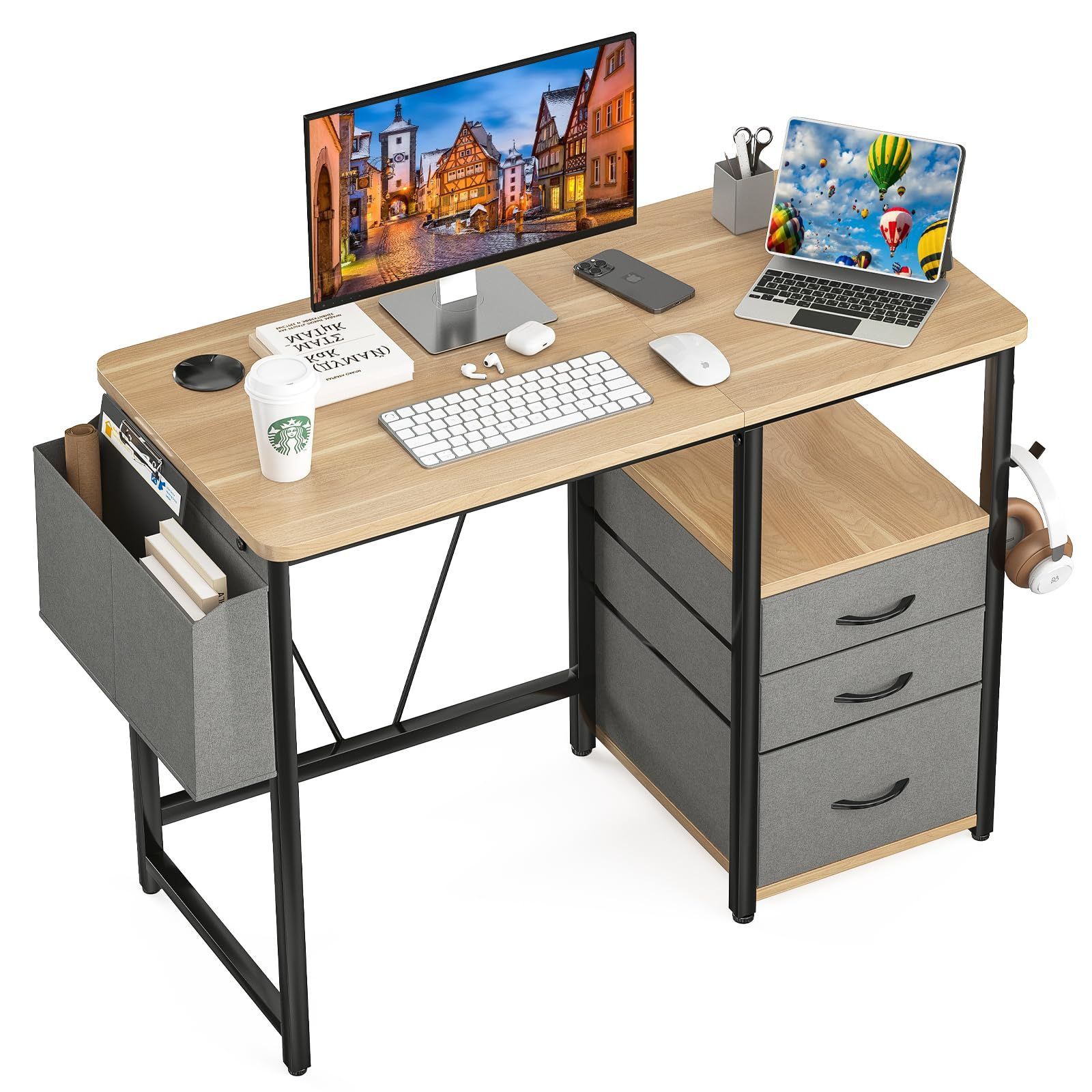 Sunon デスク パソコンデスク ラック付きpcデスク 幅100cm×奥行60cm 机 引き出し付き 勉強机 ドリンクホルダー デスク 在宅ワーク 作業机 テレワーク