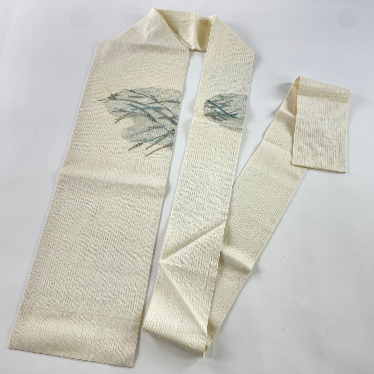 名古屋帯 秀品 夏帯 トンボ 草花 銀糸 クリーム 正絹 【中古