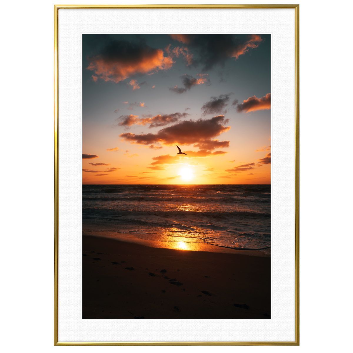 夕日写真 夕焼けの海岸を飛ぶ鳥 インテリアアートポスター額装 AS1656