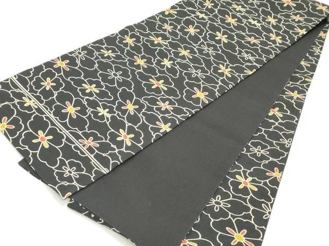 平和屋着物○全通柄京袋帯 紬地 型染め 花菱文 黒地 正絹 逸品