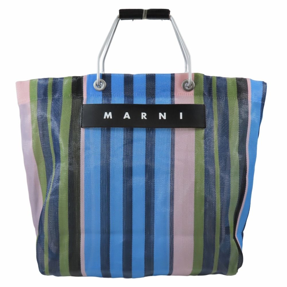 美品】MARNI マルニ ストライプフラワーカフェ トートバッグ ブルー 美